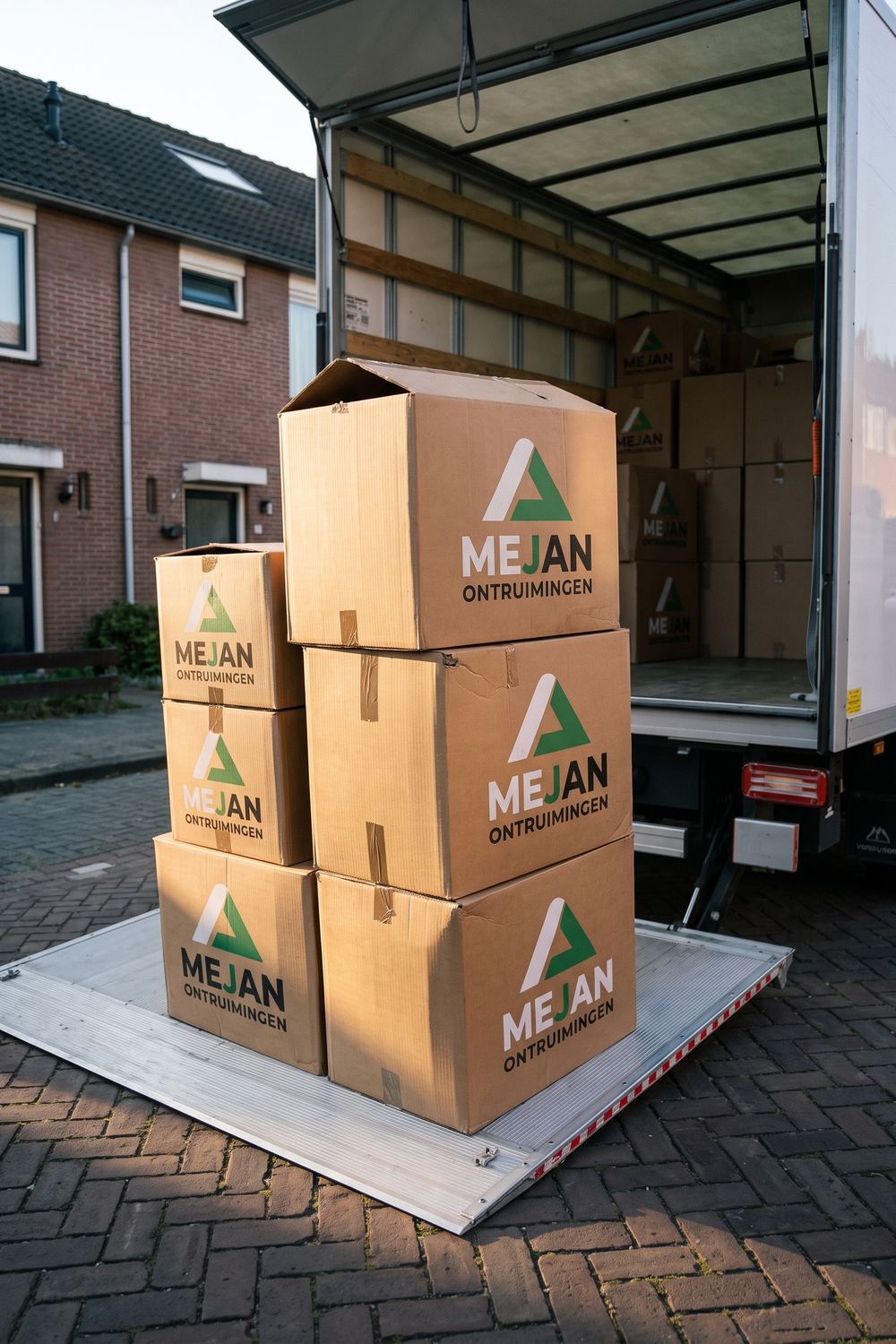 Gestapelde verhuisdozen van Mejan Ontruimingen op de laadklep van de bakwagen