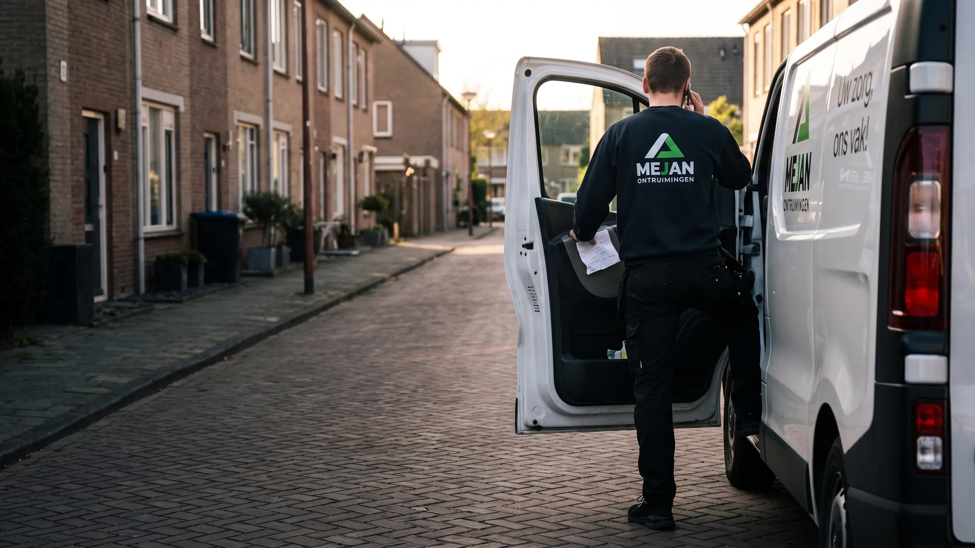Medewerker belt bij de open deur van de Mejan-bus