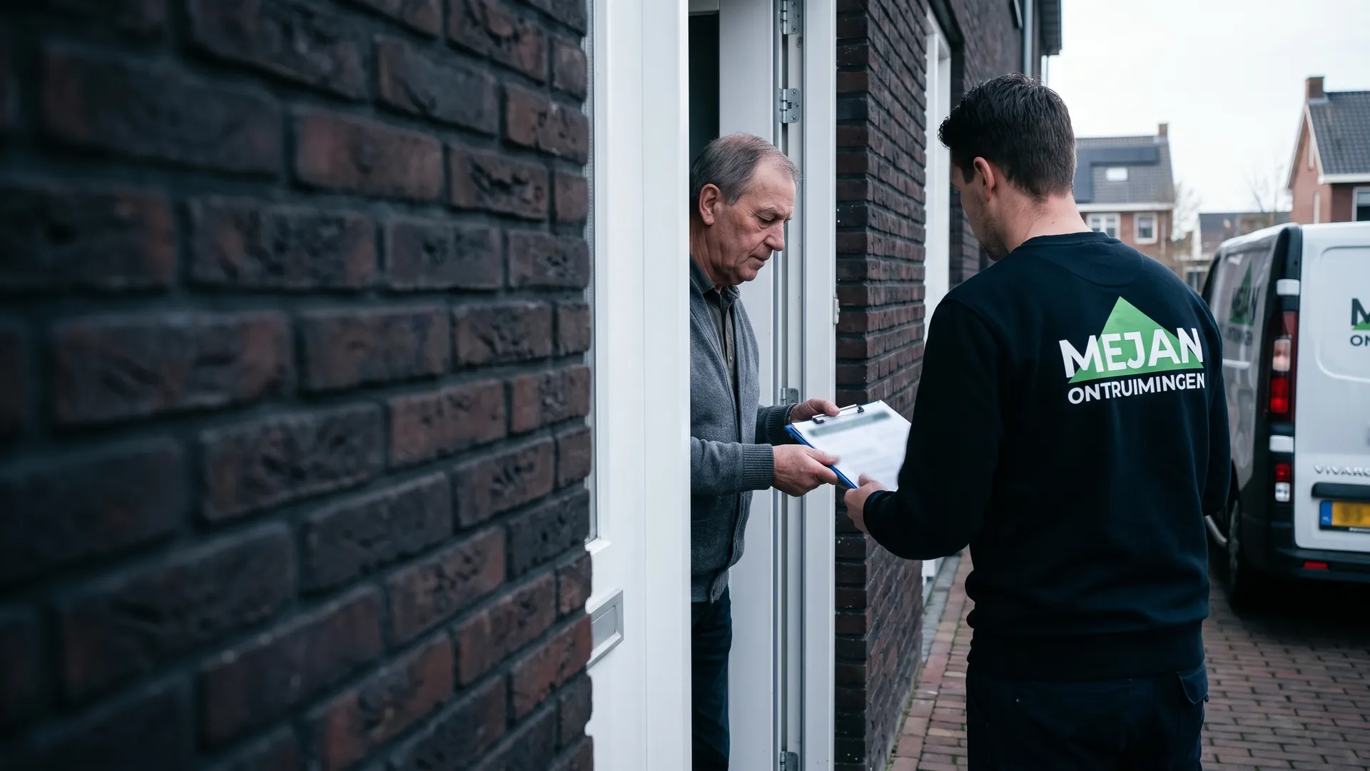 Medewerker overhandigt de offerte aan de bewoner bij de voordeur