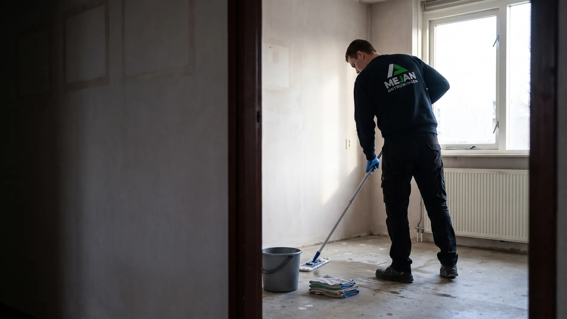 Medewerker dweilt de vloer van een leeggehaalde kamer bij het raam