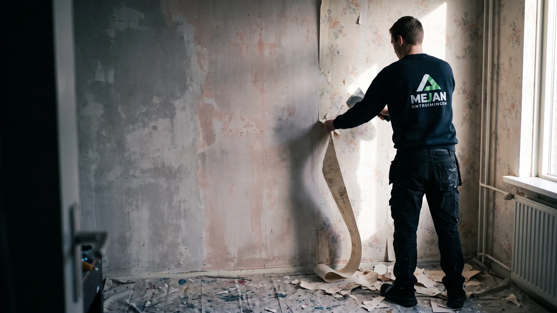 Medewerker haalt oud behang van de muur met een brede krabber