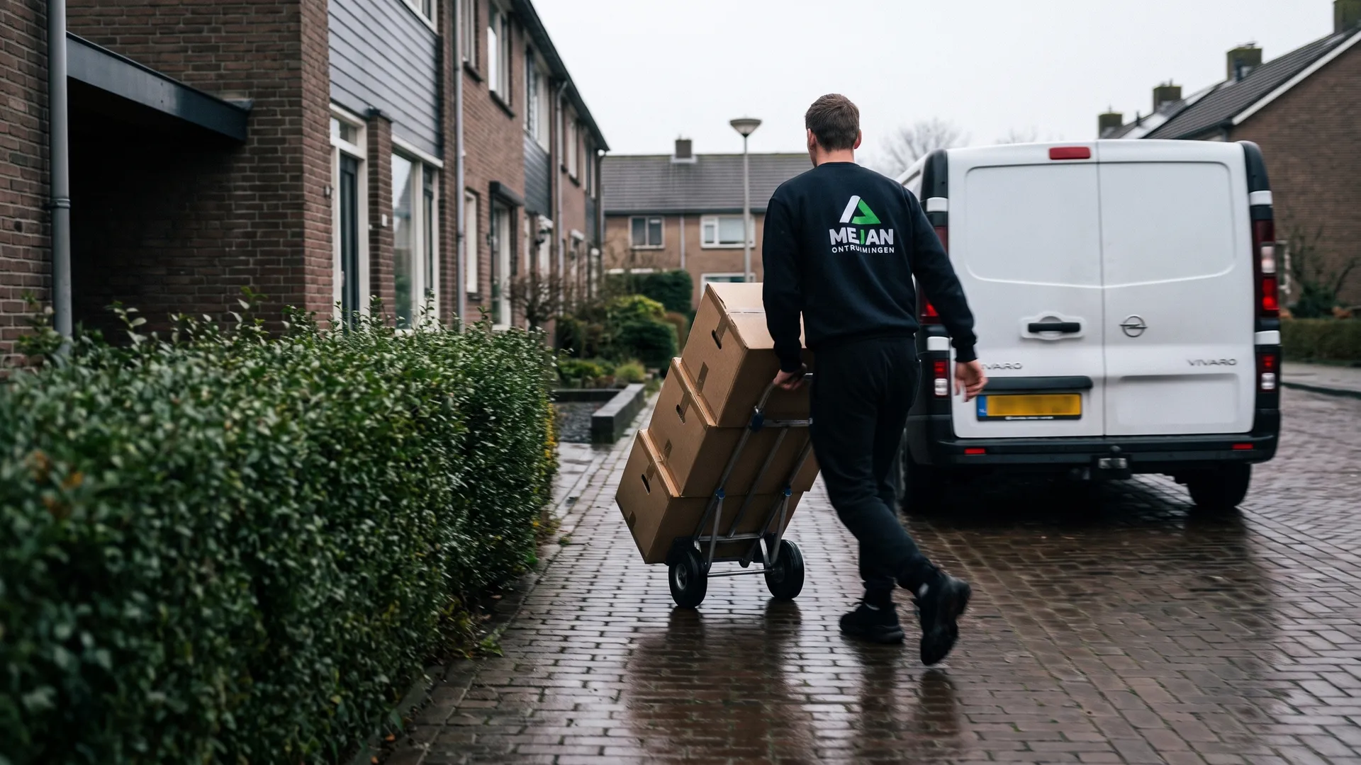 Medewerker rijdt een volgeladen steekwagen over het tuinpad naar de bus