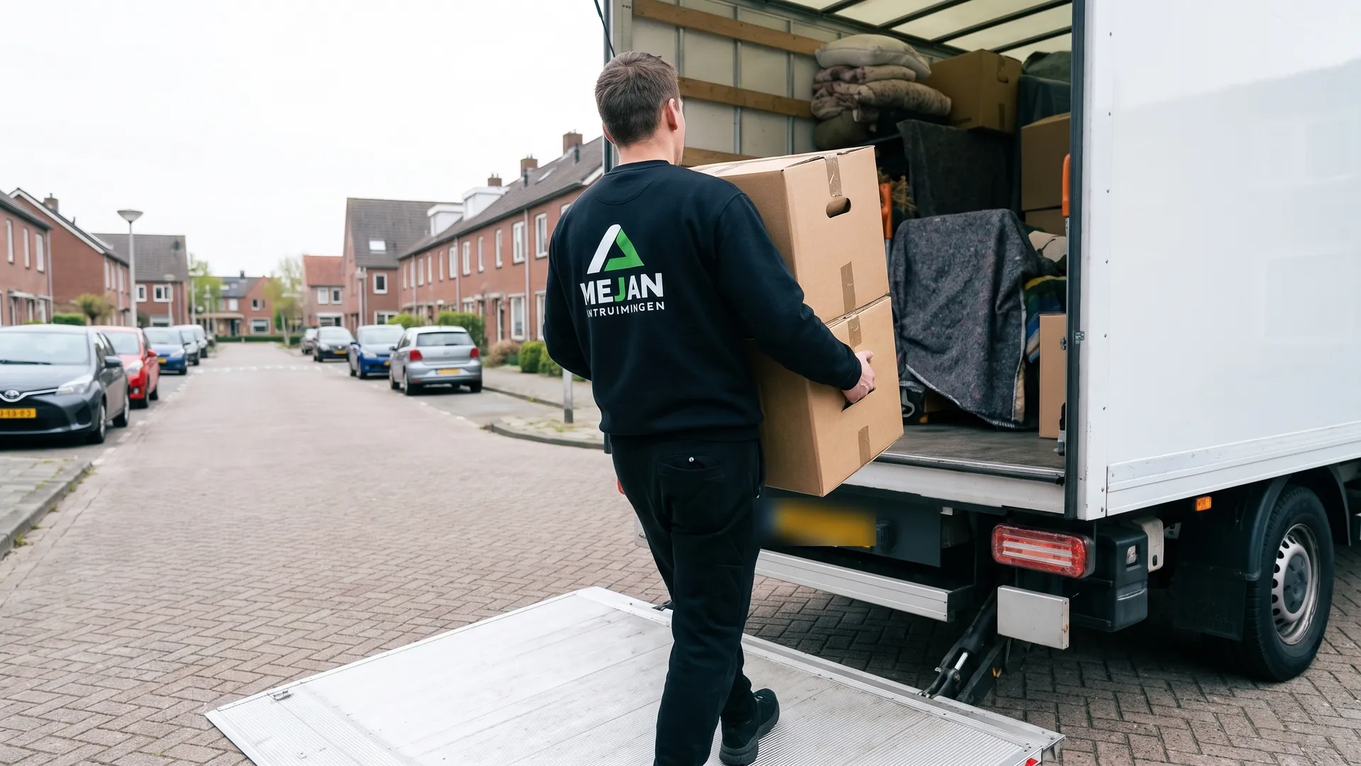 Medewerker draagt verhuisdozen via de laadklep de bakwagen in