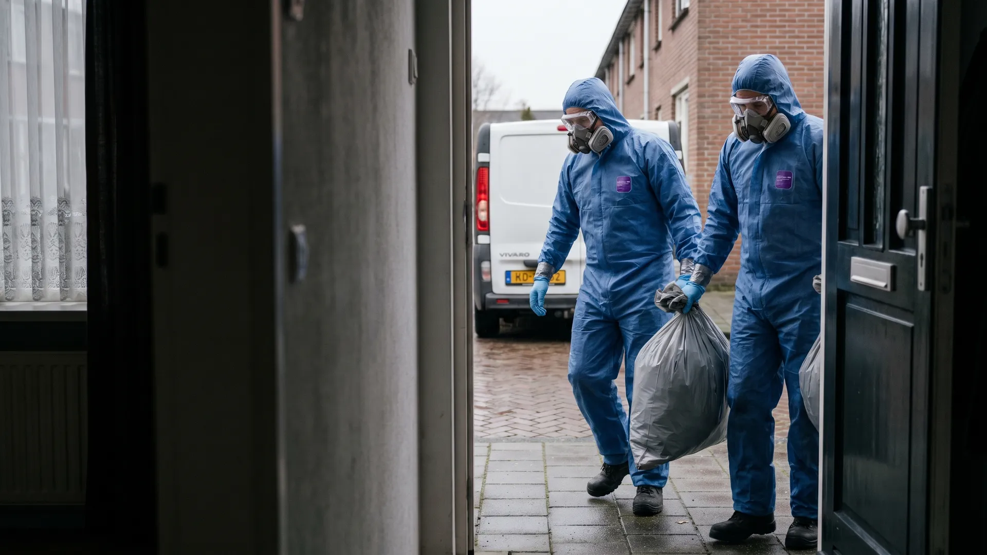 Twee medewerkers in beschermende overalls dragen afgesloten afvalzakken naar buiten