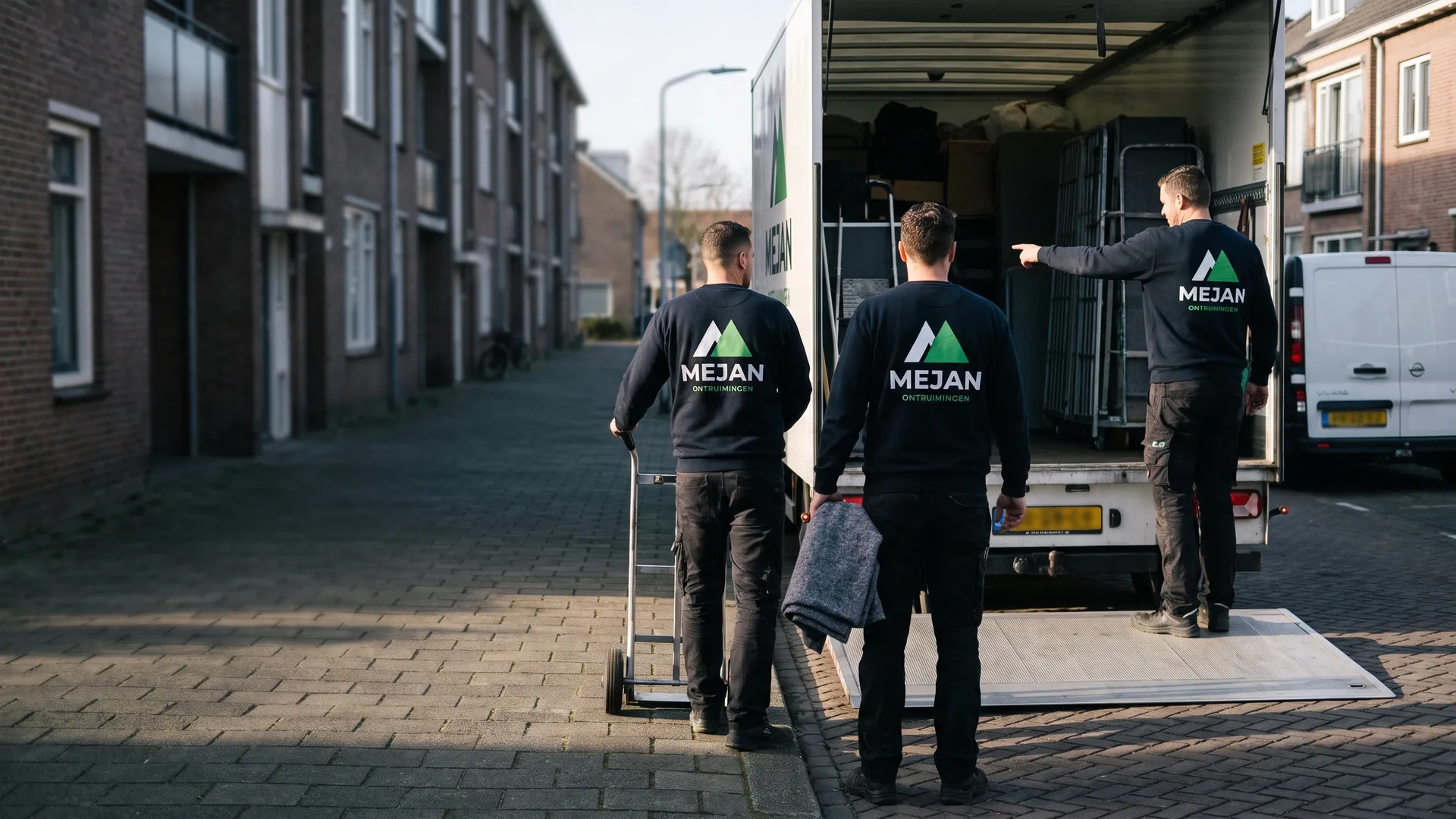 Drie medewerkers overleggen bij de open laadklep van de bakwagen