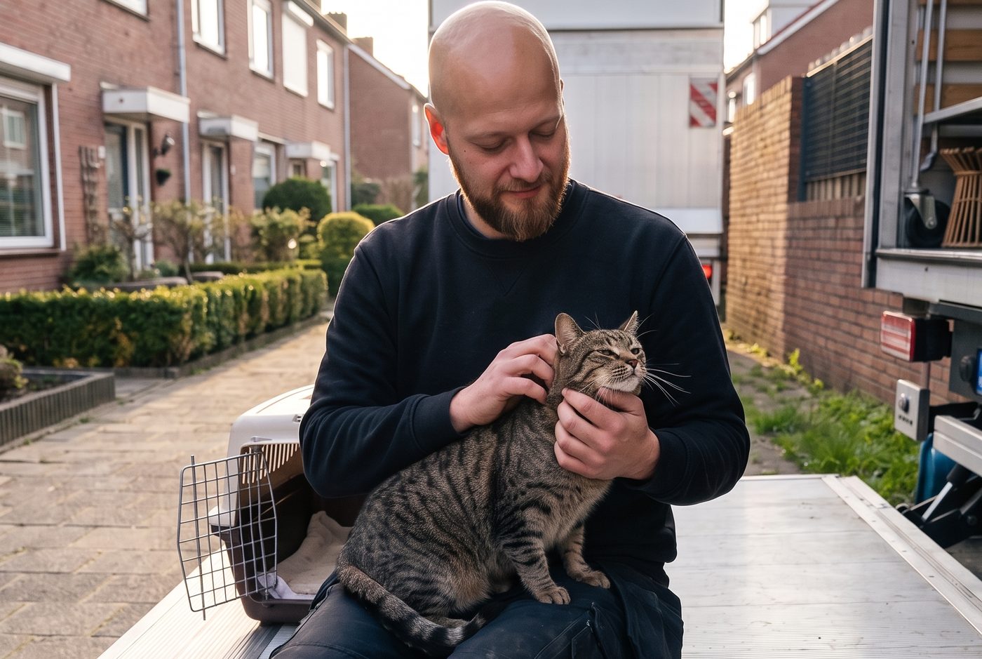 Medewerker van Mejan houdt de kat van de bewoner rustig op schoot op de laadklep