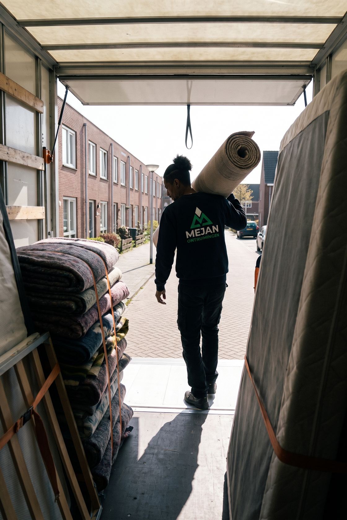 Medewerker loopt met een opgerold vloerkleed de laadklep op, gezien vanuit de laadbak