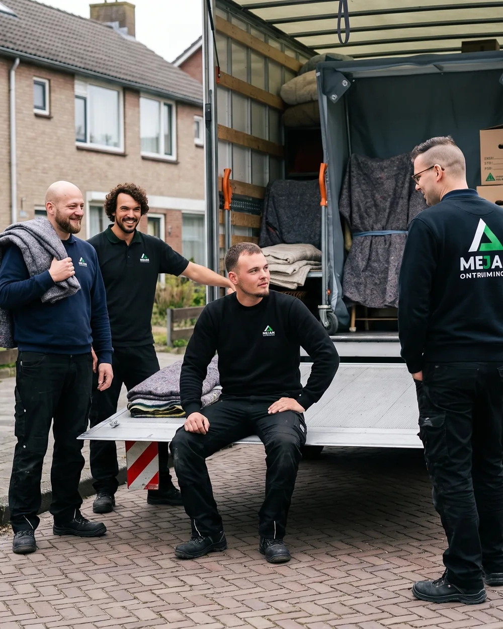 Het team van Mejan Ontruimingen bij de bakwagen tijdens een klus