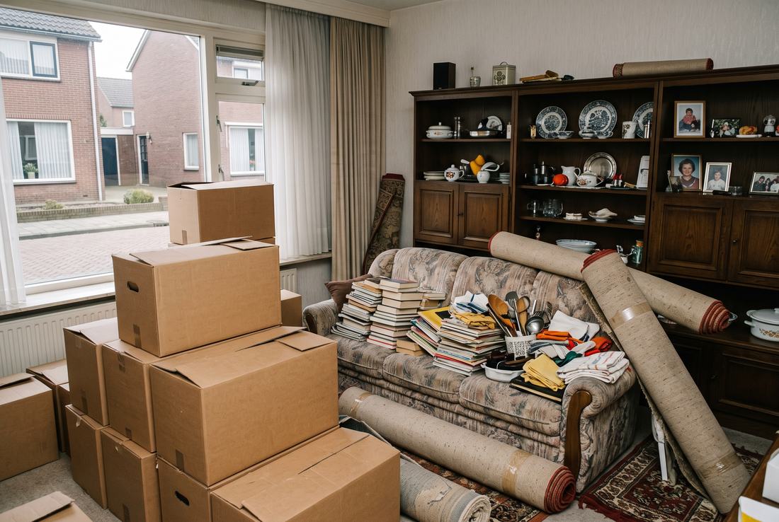 Volle woonkamer met dozen en opgerolde vloerkleden voor de ontruiming
